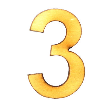 Number three from wood or plywood on a white background close-up, isolate..