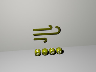Poster - 3D illustration of WIND graphics and text made by metallic dice letters for the related meanings of the concept and presentations for background and flag
