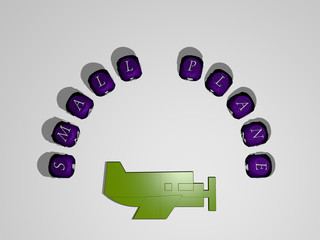 Poster - SMALL PLANE icon surrounded by the text of individual letters - 3D illustration for background and beautiful