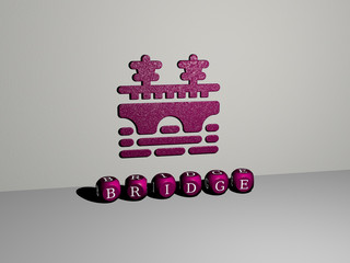 Poster - 3D representation of bridge with icon on the wall and text arranged by metallic cubic letters on a mirror floor for concept meaning and slideshow presentation for city and architecture