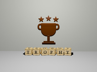 Poster - trophy 3D icon on the wall and cubic letters on the floor - 3D illustration for award and cup