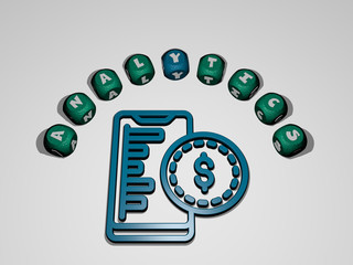 Poster - analytics icon surrounded by the text of individual letters - 3D illustration for business and concept