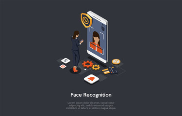 Poster - Modern Technology, Device Unlock, Face Recognition, Face Unlock Concept. Female Character Gets Access To Functions And Settings On Smartphone Using Face Recognition. 3d Isometric Vector Illstration