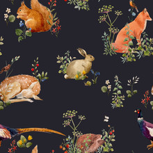 Beautiful Seamless Floral Pattern With Watercolor Forest Plants And Animals. Stock Illustration.