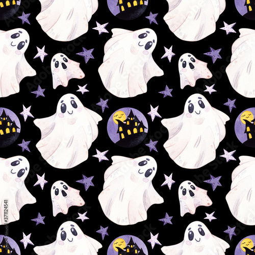 Download Dark Hand Drawn Halloween Seamless Pattern Spooky Watercolor Background With Ghosts Stars And A Creepy Haunted House For Wrapping Paper Fabrics Packaging And Postcard Designs Parties Covers Stock Illustration Adobe Stock