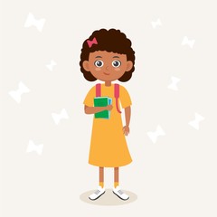 School kid cartoon vector illustration. Little cute girl with backpack and books. 