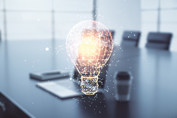 Poster - Double exposure of creative light bulb hologram on laptop background, research and development concept