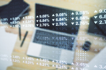 Poster - Multi exposure of stats data illustration on modern laptop background, computing and analytics concept