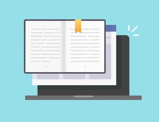 Aufkleber - Book or notepad digital vector open online pages with text icon, electronic notebook or textbook paper with bookmark on laptop computer flat cartoon illustration