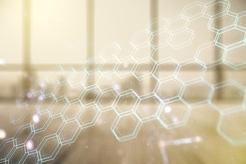 Poster - Double exposure of abstract virtual technology hologram with hexagon on empty corporate office background. Research and development software concept