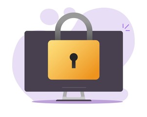 Aufkleber - Computer secure lock closed on screen or protected desktop pc access via padlock vector flat cartoon icon, internet protection online technology, digital security or cyber privacy