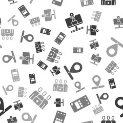 Aufkleber - Set Video chat conference, Mobile phone, Location and Online class on seamless pattern. Vector.
