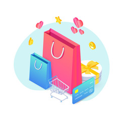 Wall Mural - Shopping isometric concept. Black friday sale design with 3d shopping cart, shopping bags, gift and credit card. Online shop vector illustration for web, mobile app, advert