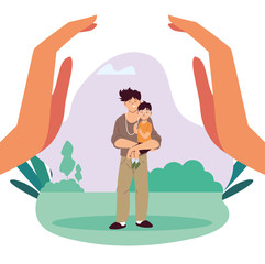 Canvas Print - Father and son cartoons between hands vector design