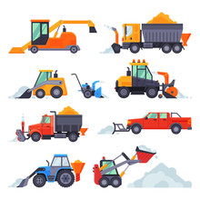 Winter Snow Removal Machines Collection, Cleaning Road Truck, Excavator, Snowblower, Snow Plow Vehicles Vector Illustration