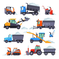 Sticker - Winter Snow Removal Machines Collection, Cleaning Road Snowblower, Snow Plow Vehicles Vector Illustration