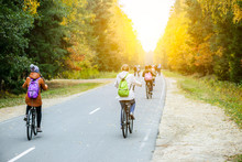 A Group Of Cyclists Riding On A Paved Road In The Background Is Yellow Autumn Forest And Setting Sun.