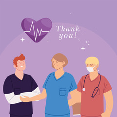 Wall Mural - men and woman doctors with uniforms and heart pulse vector design