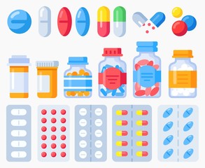 Wall Mural - Pharmaceutical pills, medicine bottles and pills in blister packs. Pharmacy treatment, health pill, medication vitamin and tablet, vector illustration