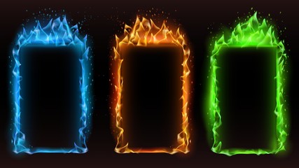 Wall Mural - fire frames diffrent colors. vector fire frame color, motion effect orange and blue glowing, danger 