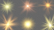 Sun ray effect. Starburst yellow shine, sunlight radiance on transparent background. Sunshine beams, summer sunbeam vector set. Illustration sun star light, effect burst, flare and bright starburst