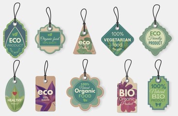 Wall Mural - Eco label. Natural organic cardboard labels with ropes, vintage eco tags for promotion flyers or certificat hanging tags template vector set. Illustration cardboard, bio eco organic tag illustration