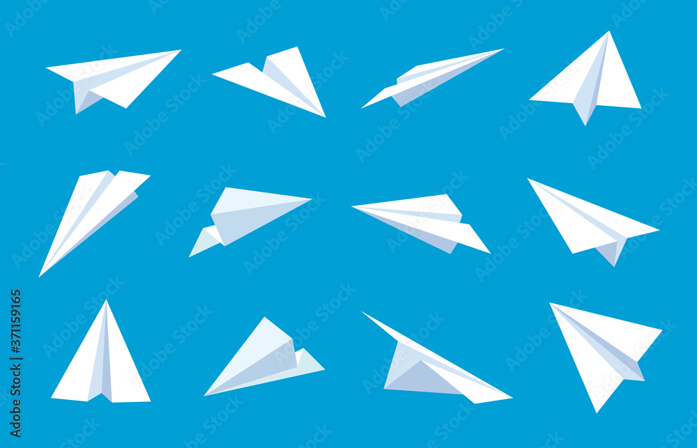 Paper plane. Flying planes in blue sky, white paper airplanes from different direction, message or traveling flat vector symbols. Paper plane in blue sky, sheet origami aircraft illustration - obrazy, fototapety, plakaty 