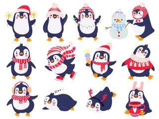 penguin. hand drawn cute penguins in winter clothing and hat, merry christmas greetings animals in o