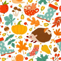 Autumn seamless pattern. Drawing pumpkin, nuts, plants. Abstract harvest time, thanksgiving day print paper or textile vector texture. Illustration seamless endless, sweater and rubber boots