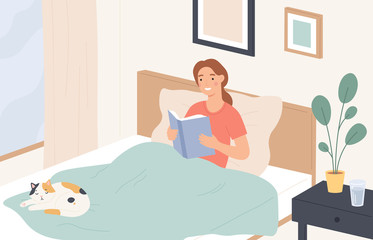 Canvas Print - Woman reading in bed. Young girl reads book and relaxes on sofa. Lazy home rest, reading literature before sleeping, flat vector concept. Girl young in comfort bed with book and cat illustration