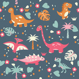 Fototapeta Dinusie - Vector kids cartoon dinosaurs seamless pattern. Illustration for textile and texture design