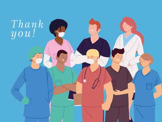 Wall Mural - women and men doctors with uniforms and thank you text vector design