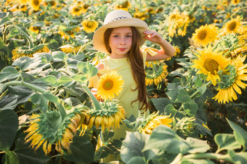 Wall Mural - beautiful young teenage girl in hat in a field of sunflowers in summer