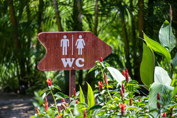 Vertical view of wooden sign of toilet give direction to WC in a tropical garden, Vietnam