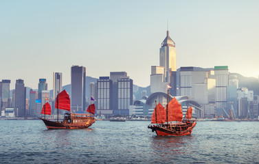 Hong Kong harbour in sunset time