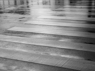 Canvas Print - wet asphalt road with line of crosswalk after rain