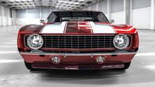 3D Realistic Illustration. Muscle Red Car Rendering In Garage. Vintage Classic Sport Car. Chevrolet Camaro Headlights