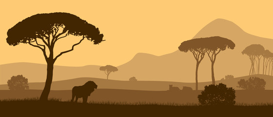 Beautiful vector landscape of African savannah with animals during sunset.