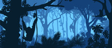 Beautiful Vector Landscape Of A Rainforest Jungle With Orangutan Monkeys And Lush Foliage In Blue Colors.