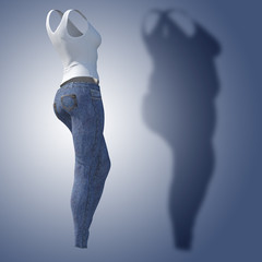 Wall Mural - Conceptual fat overweight obese shadow female jeans undershirt vs slim fit healthy body after weight loss or diet thin young woman on blue. Fitness, nutrition or obesity health shape 3D illustration