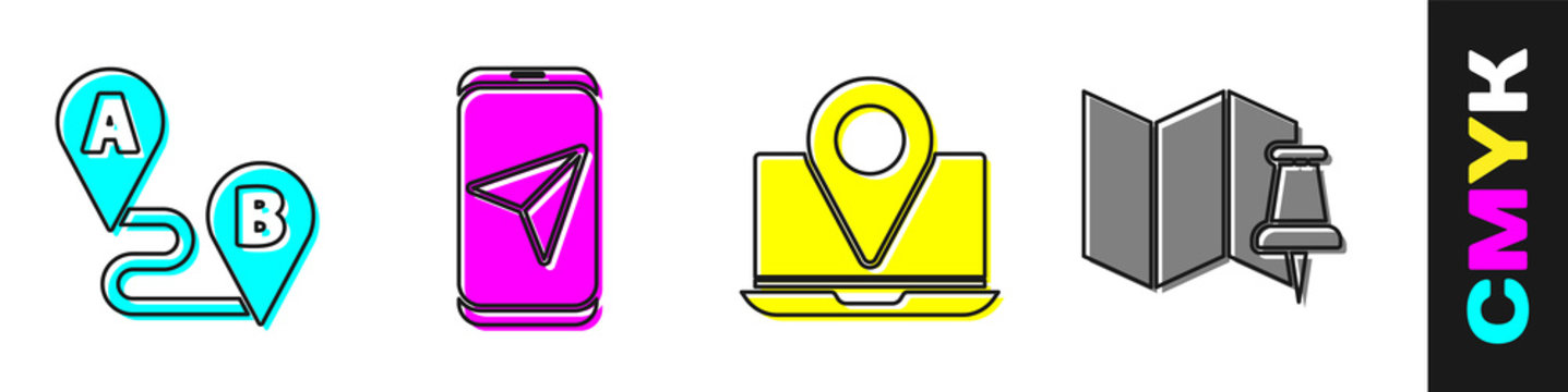 Set Route location, City map navigation, Laptop with location marker and Folded map with push pin icon. Vector.