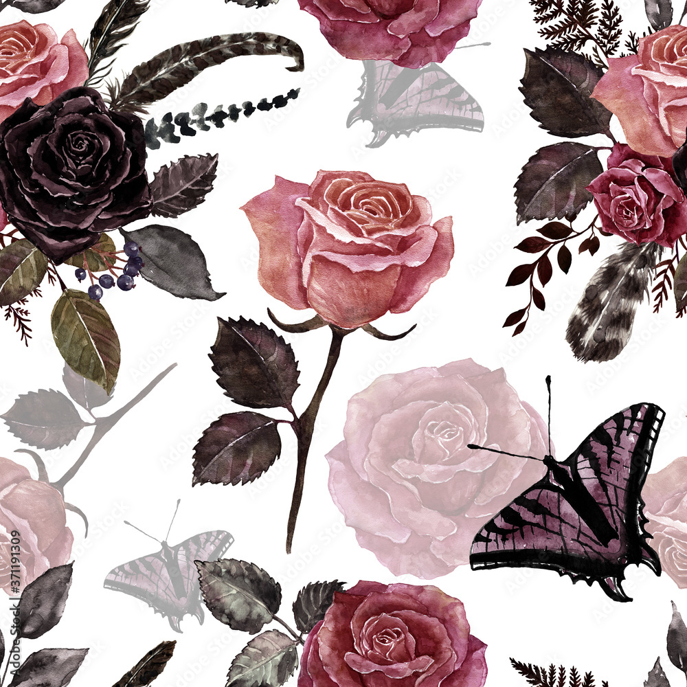 Victorian vintage style seamless pattern with watercolor red and ...