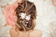 Closeup Of Bridal Wedding Hairstyle With Jewelry Wreath. Back View. Elegant Bride With Wavy Hair.