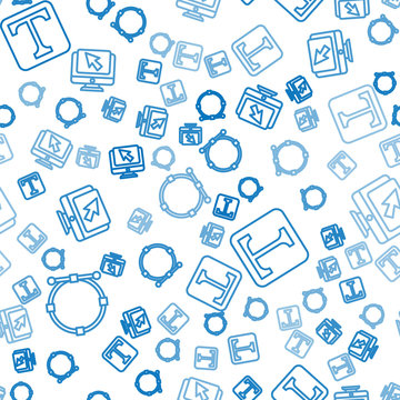 Set line Circle with Bezier curve, Text and Computer monitor and cursor on seamless pattern. Vector.