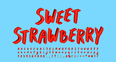 Leinwandbilder - Modern bright alphabet paintbrush font. Uppercase and lowercase letters, numbers. Original label for red berries and fruits, blue background. Vector illustration