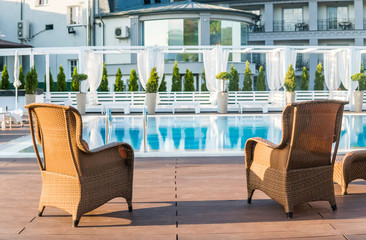 Swimming pool with stair at sunny day.