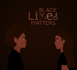 Sticker - Black woman and afro man cartoons in side view with black lives matters text design of Protest justice and racism theme Vector illustration