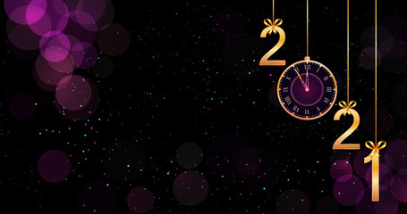 Wall Mural - happy new year 2021 text design with hanging golden numbers on bokeh purple background with pattern.