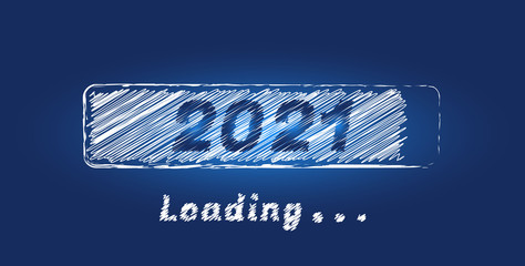Wall Mural - 2021 new year concept with white sketch loading progress bar isolated on a blue background. design f