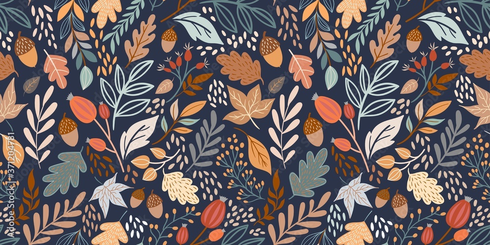 Autumn seamless pattern with different leaves and plants, seasonal ...